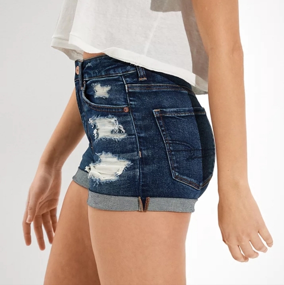 🆕 American Eagle High-Rise Distressed Dark Wash Shorts. NWOT - Picture 3 of 12